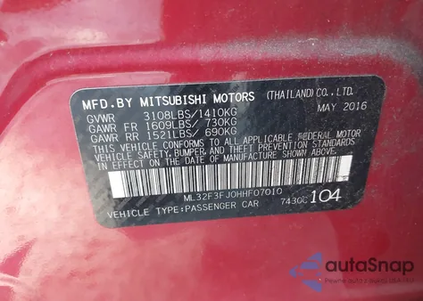 2017 Mitsubishi Mirage Es из США, поврежденный, VIN ML32F3FJ0HHF07010